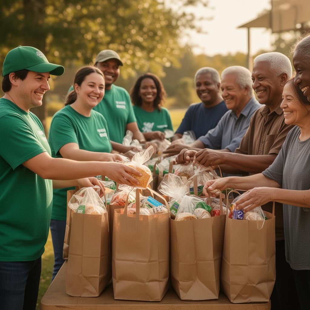 Volunteers handing out grocery bags of food