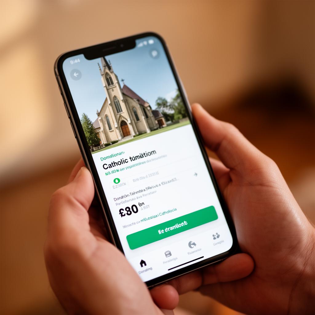 Person donating to the Catholic Church on their phone