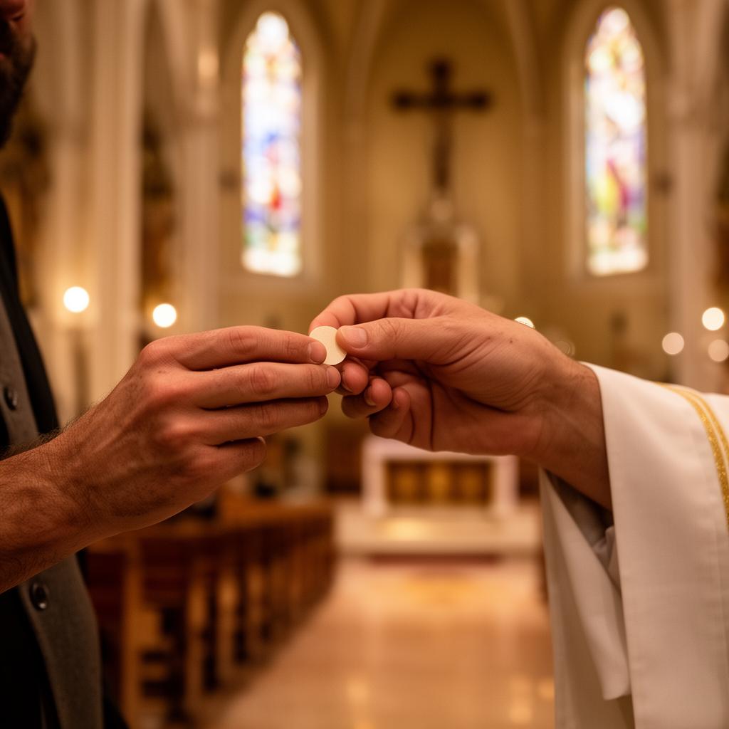Person receiving Holy Communion in a Catholic church